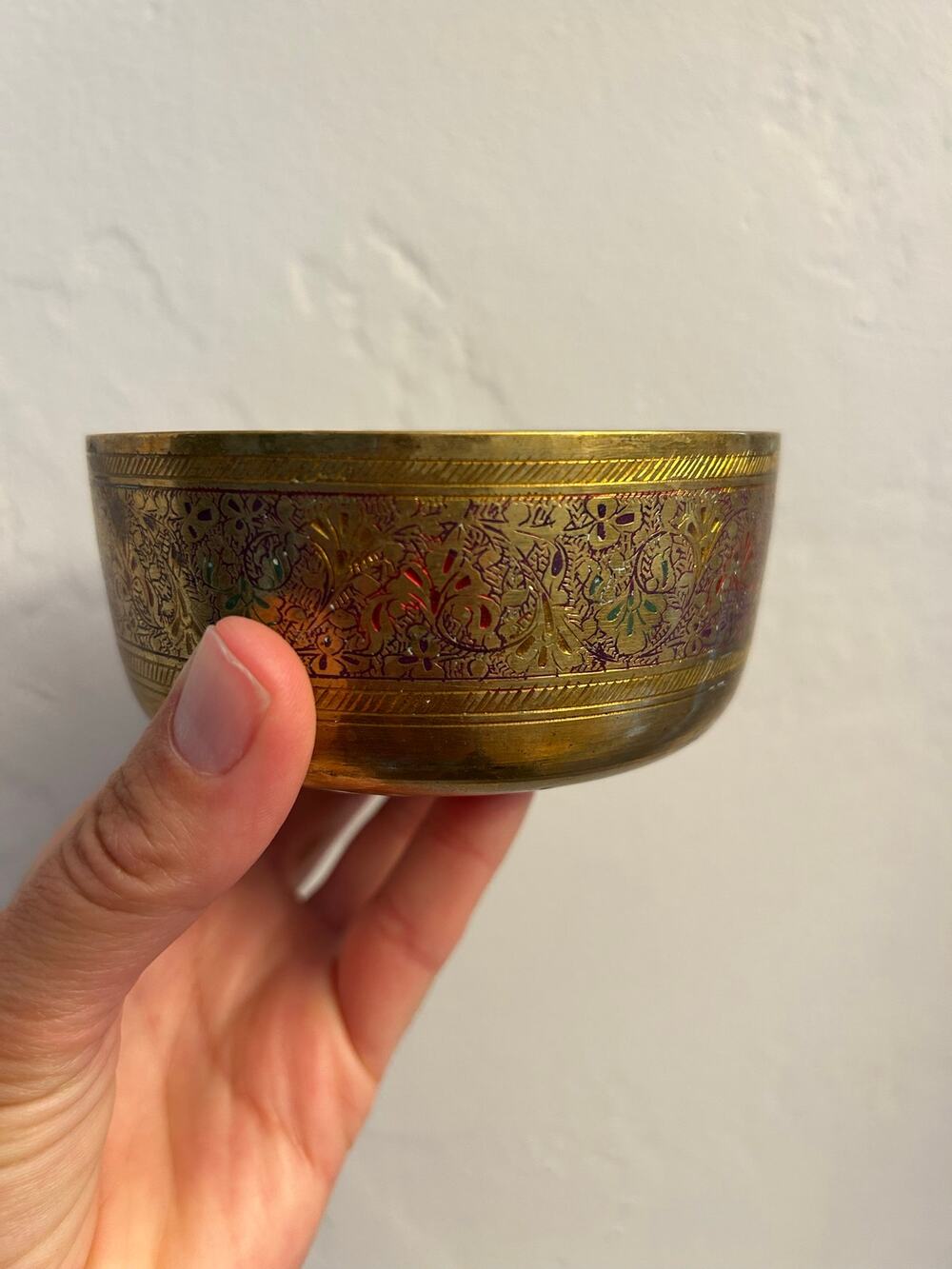 Vintage Indian Brass Enamel Bowl, Etched Floral Paisley Design